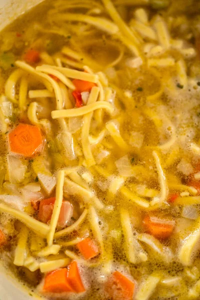 Cooking Chicken Noodle Soup Kluski Noodles Enameled Dutch Oven — Stock Photo, Image