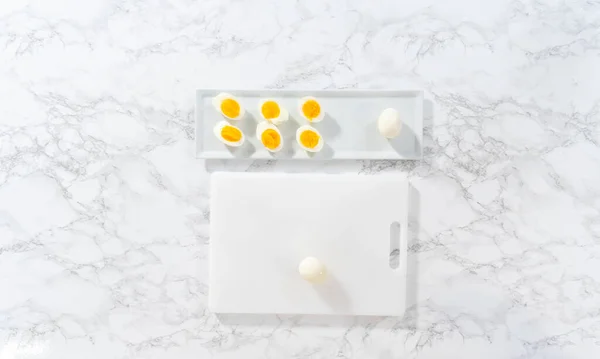 Slicing Hard Boiled Eggs White Cutting Board — Stock Photo, Image