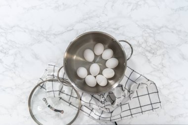 Haşlanmış yumurta pişirmek için tencerede beyaz yumurta kaynatmak..
