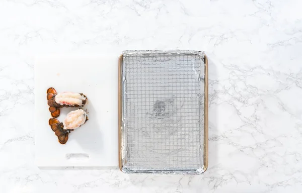 Flat Lay Raw Lobster Tails Baking Sheet Kitchen Foil Ready — Stock Photo, Image