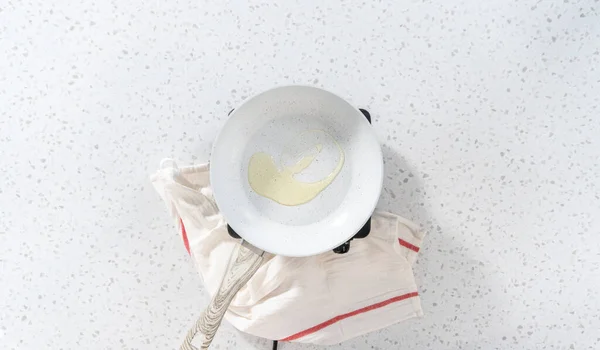 Flat Lay Frying Eggs Nonstick Frying Pan Make Breakfast Egg — Stock Photo, Image