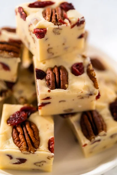 Zelfgemaakte Witte Chocolade Cranberry Pecan Fudge Stukken Een Witte Keramische — Stockfoto