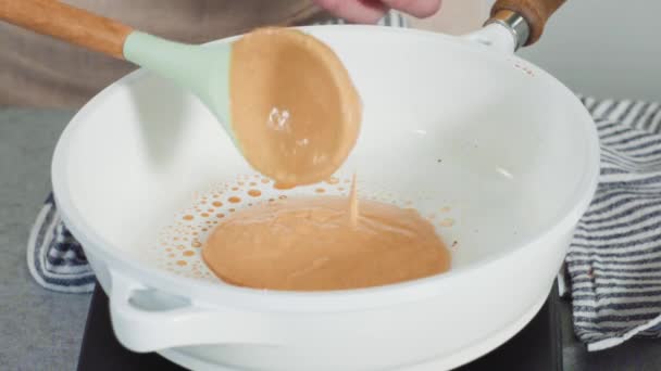 Time Lapse Step Step Frying Pumpkin Pancakes Batter White Frying — Vídeo de Stock