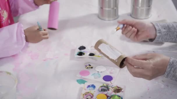 Close View Kids Papercraft Making Paper Bugs Out Empty Toilet — Vídeo de stock