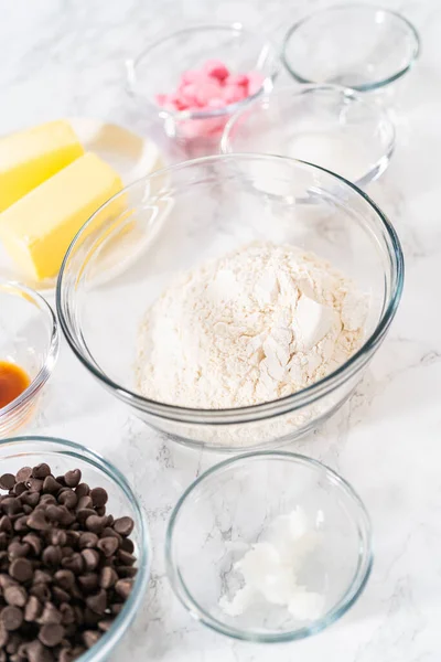 Measured Ingredients Glass Mixing Bowls Bake Panda Shaped Shortbread Cookies — Stock Photo, Image