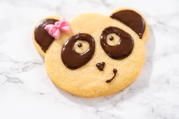 Panda Shaped Shortbread Cookies Chocolate Icing Kitchen Counter — Stock Photo, Image