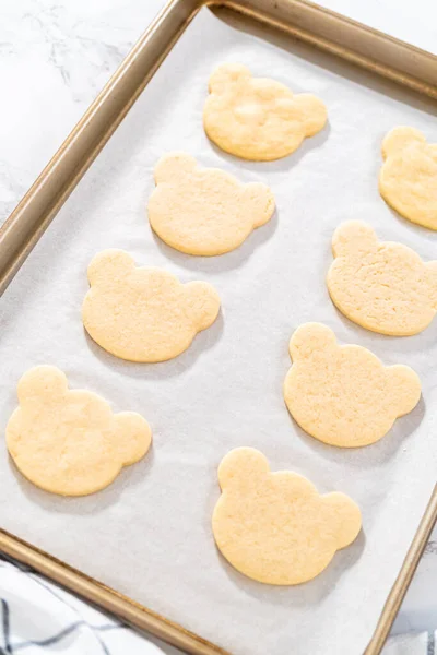 Freshly Baked Panda Shaped Shortbread Cookies Baking Sheet — Stock Photo, Image
