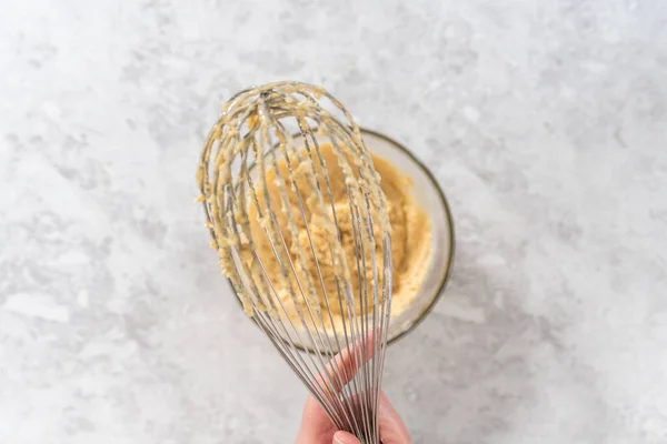 Flat Lay Mixing Wet Dry Ingredients Hand Whisk Glass Mixing — Stock Photo, Image
