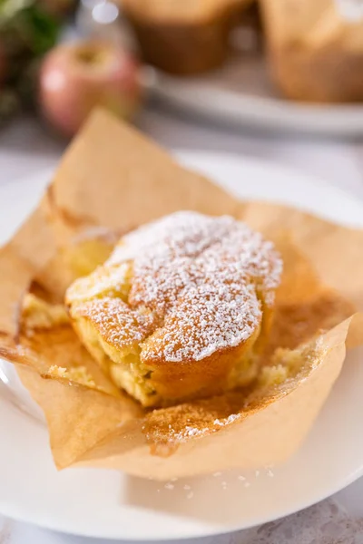 Eating Freshly Baked Apple Sharlotka Muffin Dusted Powdered Sugar — Stock Photo, Image