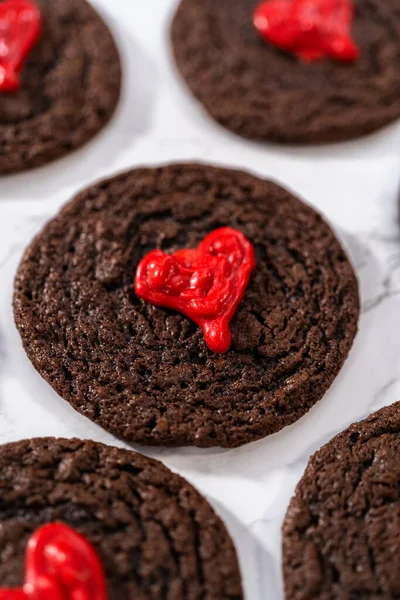 Freshly Baked Chocolate Cookies Chocolate Hearts Valentines Day — Stock Photo, Image