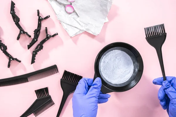 Flat Lay Hair Color Dye Powder Black Plastic Mixing Bowl — Stock Photo, Image