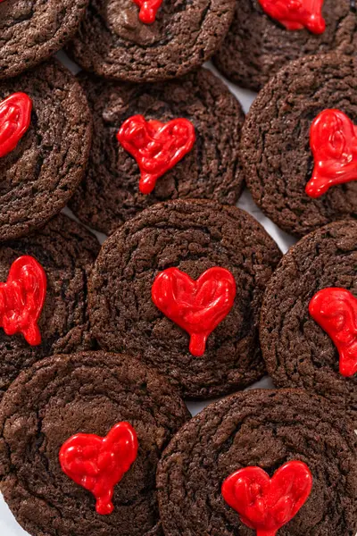 Freshly Baked Chocolate Cookies Chocolate Hearts Valentines Day — Stock Fotó