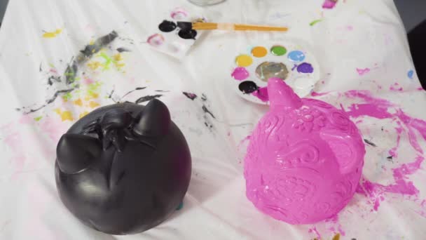 Pittura Artigianale Zucca Con Vernice Acrilica Halloween — Video Stock