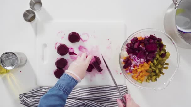 Düz Yatıyordu Adım Adım Sirkeli Salata Için Beyaz Bir Kesme — Stok video