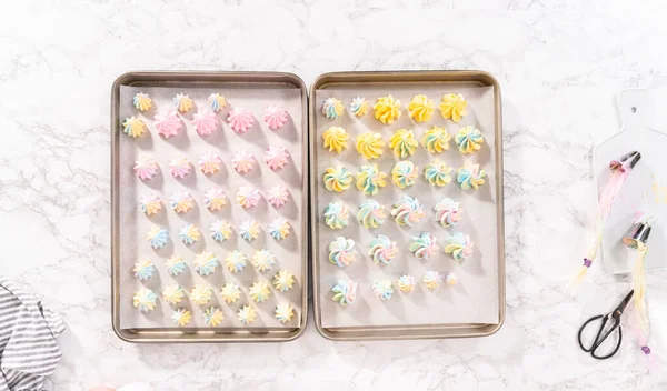 Flat Lay Unbaked Unicorn Meringue Cookies Baking Sheet Parchment Paper — Stock Photo, Image