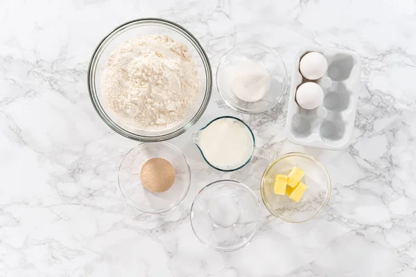 Flat Lay Ingredients Baking Brioche Buns Kitchen Table — Stock Photo, Image