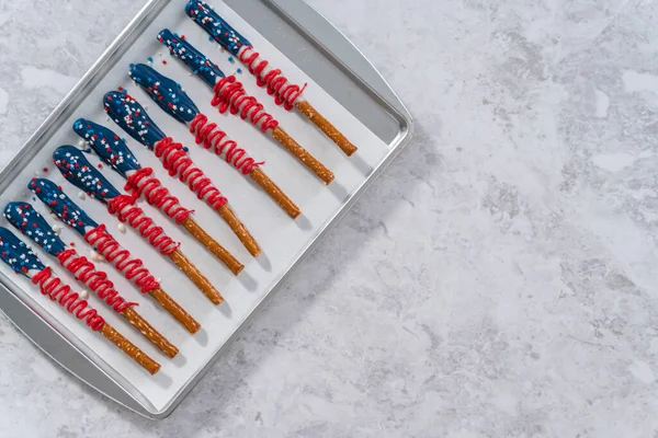 Flat Lay Homemade Chocolate Covered Pretzel Rods Decorated American Flag — Stock Photo, Image