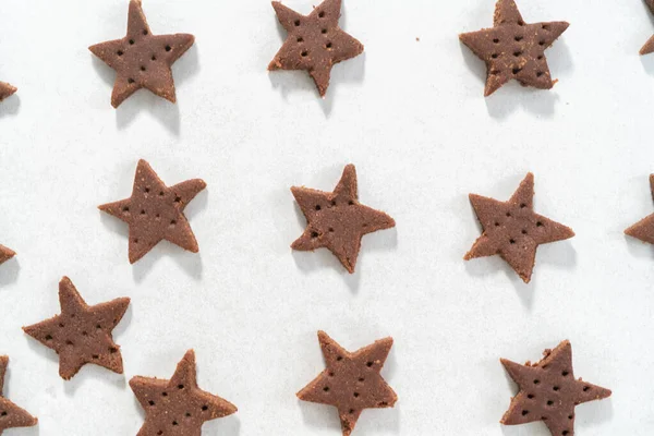Unbaked Star Shaped Chocolate Graham Crackers Baking Sheet Lined Parchment — Stock Photo, Image
