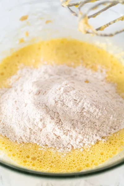 Mixing Ingredients Hand Mixer Large Mixing Bowl Bake Eggnog Bundt — Stock Photo, Image
