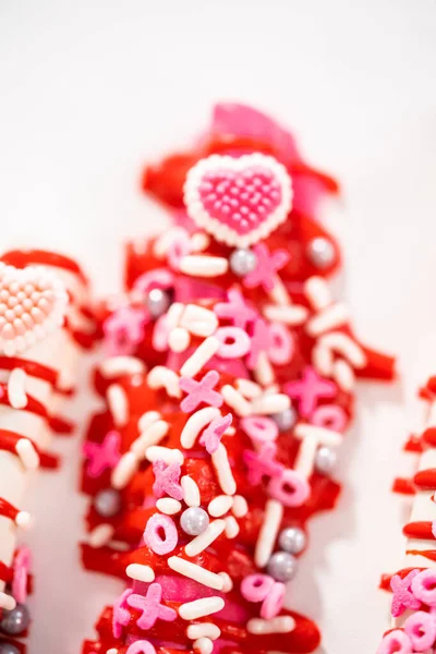 Chocolate Covered Pretzel Rods Decorated Heart Shaped Sprinkles Valentines Day — Stock Photo, Image