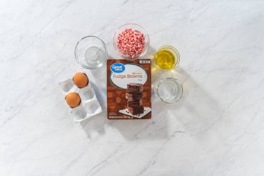 Denver, Colorado, ABD-31 Aralık 2022-Flat Yat. Naneli kek hazırlamak için cam karıştırma kabındaki ölçülü malzemeler..