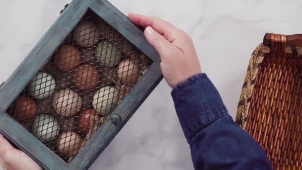 Flat Lay Colorful Farm Fresh Eggs Vintage Egg Crate — Stock Video