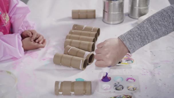 Close View Kids Papercraft Making Paper Bugs Out Empty Toilet — Vídeo de Stock