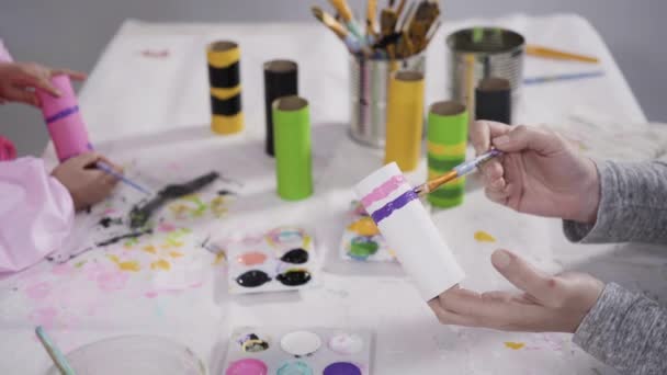 Close View Kids Papercraft Making Paper Bugs Out Empty Toilet — Vídeo de Stock