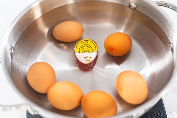 Braune Bio Eier Einem Kochtopf Kochen Hartgekochte Eier Zuzubereiten — Stockfoto