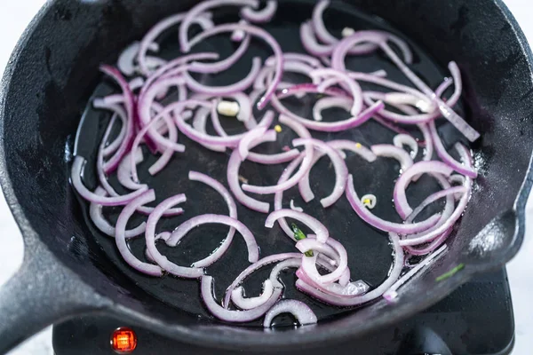 Sauteeing Purple Onion Mushrooms Spinach Ham Frittata — Stock Photo, Image