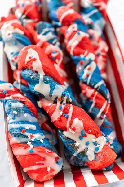 Patriotic Cinnamon Twists Drizzled White Glaze Decorated Star Sprinkles Royalty Free Stock Images