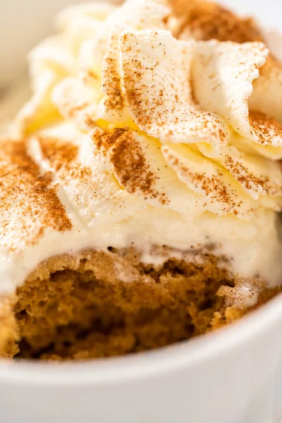 Pumpkin Mug Cake Garnished Homemade Whipped Cream Cinnamon — Stock Photo, Image