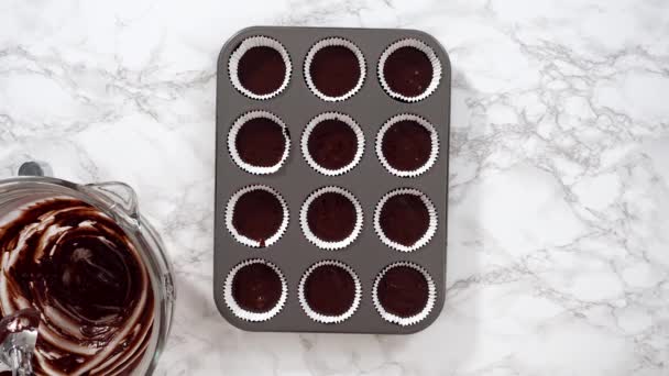 Flat Lay Baking Chocolate Cupcakes Scooping Chocolate Cupcake Batter Cupcake — Stock Video