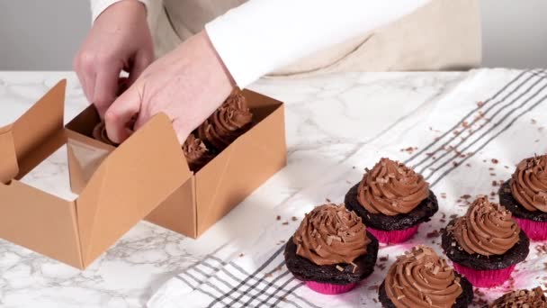 Balení Čokoládové Cupcakes Čokoládovou Ganache Polevou Papírové Cupcake Box — Stock video