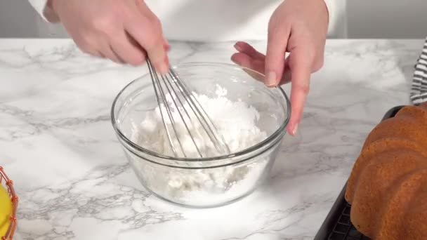 Time Lapse Step Step Mixing Ingredients Glass Mixing Bowl Prepare — Stock Video