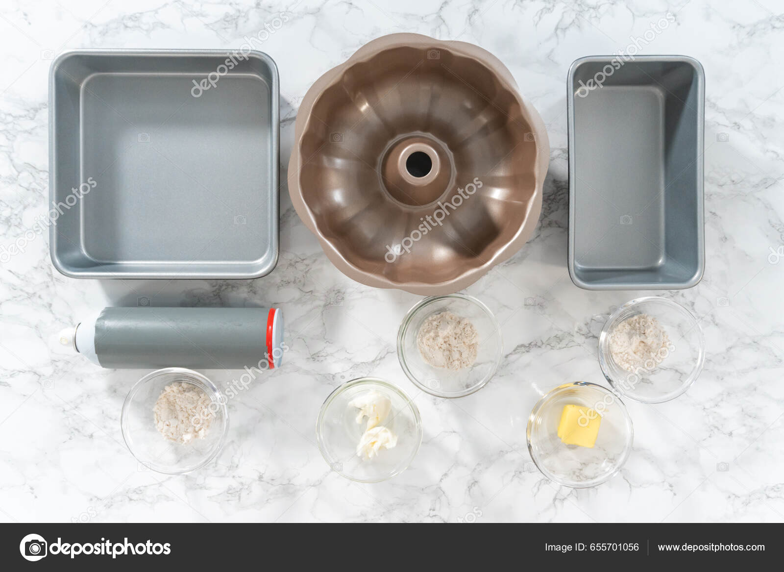 Flat Lay Measured Ingredients Glass Mixing Bowl Greased Baking Pan Stock  Photo by ©urban_light 655701056