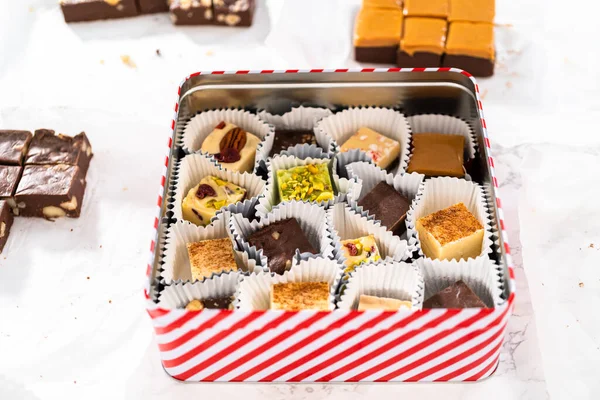 Packaging Homemade Variety Fudge Christmas Food Gifts Tin Boxes — Stock Photo, Image