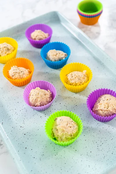 Raccolta Pastella Cupcake Con Misurino Pasta Fodere Muffin Silicio Muffin — Foto Stock