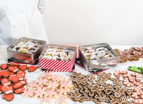 Embalagem Uma Variedade Caseira Biscoitos Chocolate Gengibre Para Presentes Comida — Fotografia de Stock