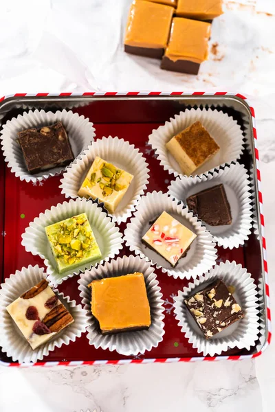 Packaging Homemade Variety Fudge Christmas Food Gifts Tin Boxes — Stock Photo, Image