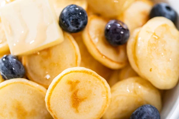 Freshly Made Mini Pancake Cereal Fresh Blueberries White Bowl — Stock Photo, Image