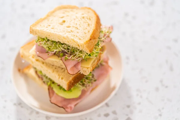Stack Ham Cucumber Sprout Sandwiches White Plate — Stockfoto
