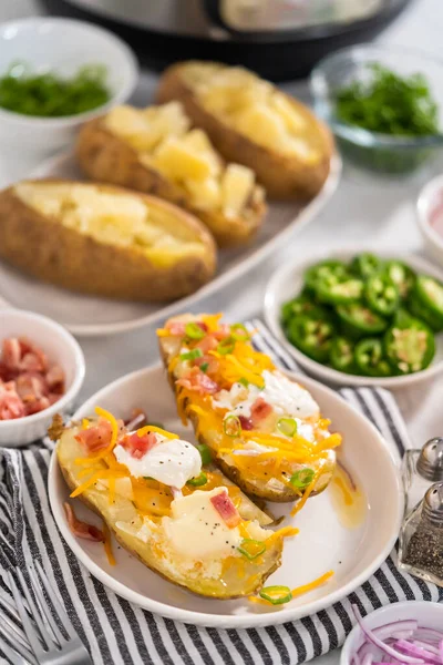 Pressure Cooker Baked Potatoes Garnished Large Baked Potatoes Butter Sour — Stock Photo, Image