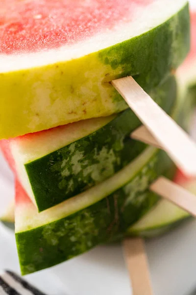 Slicing Riped Red Watermelon Prepare Chili Lime Watermelon Pops — Stock Photo, Image