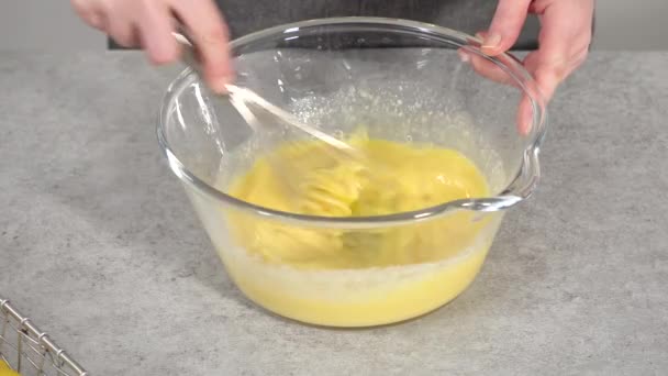 Schritt Für Schritt Zutaten Einer Glasschüssel Mischen Zitronen Preiselbeerkuchen Zuzubereiten — Stockvideo