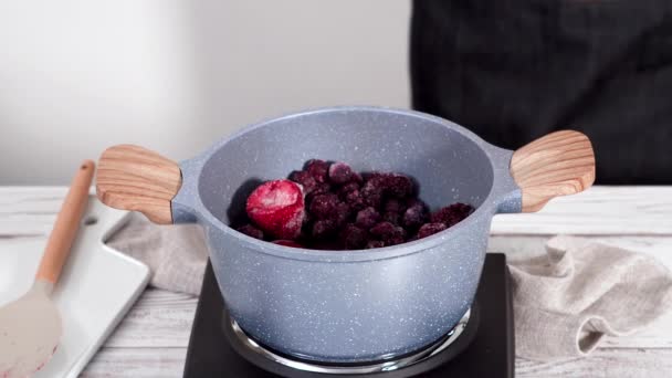 用冷冻浆果在不粘的烹调锅中配制混合果子酱 — 图库视频影像