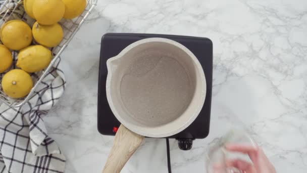 Step Step Flat Lay Cooking Cake Syrup Cake Saucepan — Stock Video