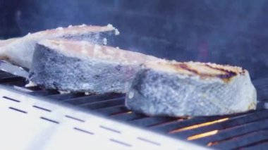 Time lapse. Grilling salmon steaks on an outdoor gas grill.