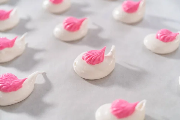 Piping Meringue Piping Bags Baking Sheet Lined Parchment Paper Bake — Stock Photo, Image