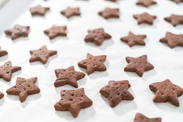 Cooling Freshly Star Shaped Baked Chocolate Graham Crackers Baking Sheet — Stock Photo, Image